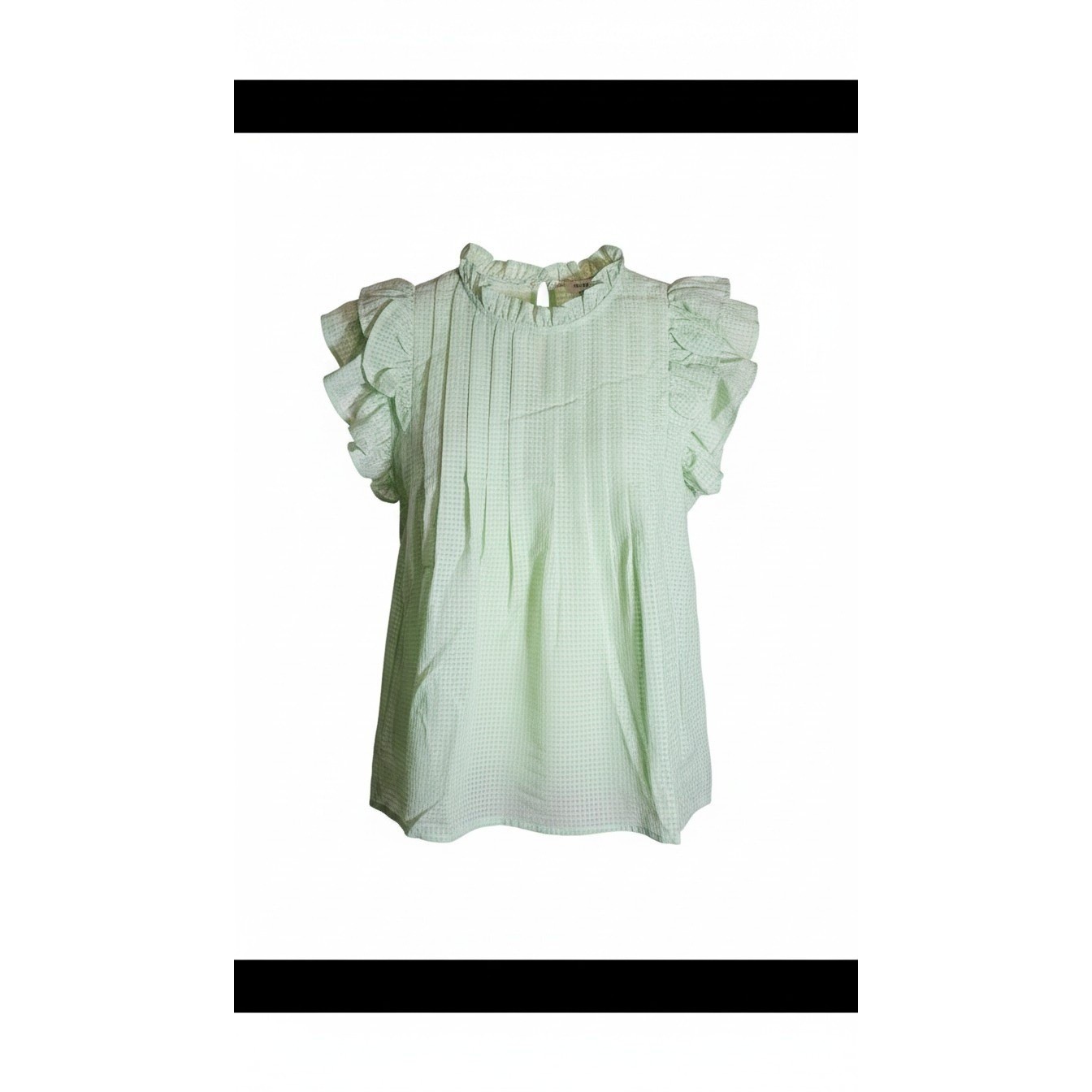 Umgee Mint Green Gingham Ruffle Sleeve Blouse High Neck Top Medium NEW