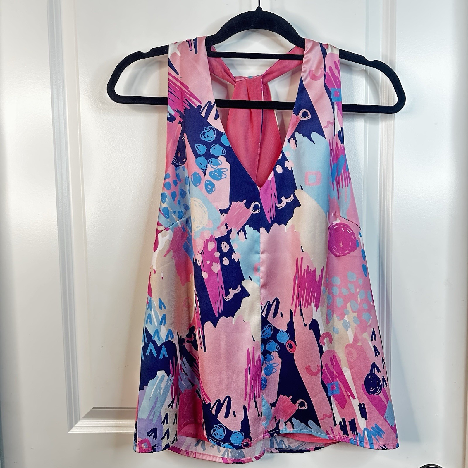 NWT Sexy Back Twist Halter Top Pink Blue Deep V-neck Y2K Festival Babydoll Sz M