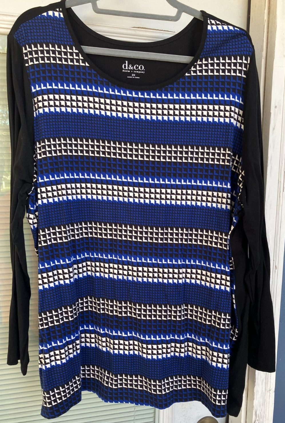 NWOT 2X D & Co. DENIM & CO. BLACK WHITE BLUE TOP SHIRT COTTON RAYON SPANDEX LS