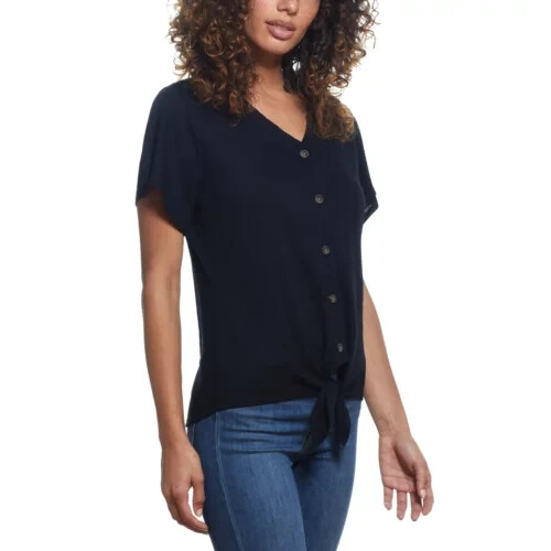 NWT Weatherproof Vintage Womens Tie Front Top Black Blouse Sz L $60 FLC170