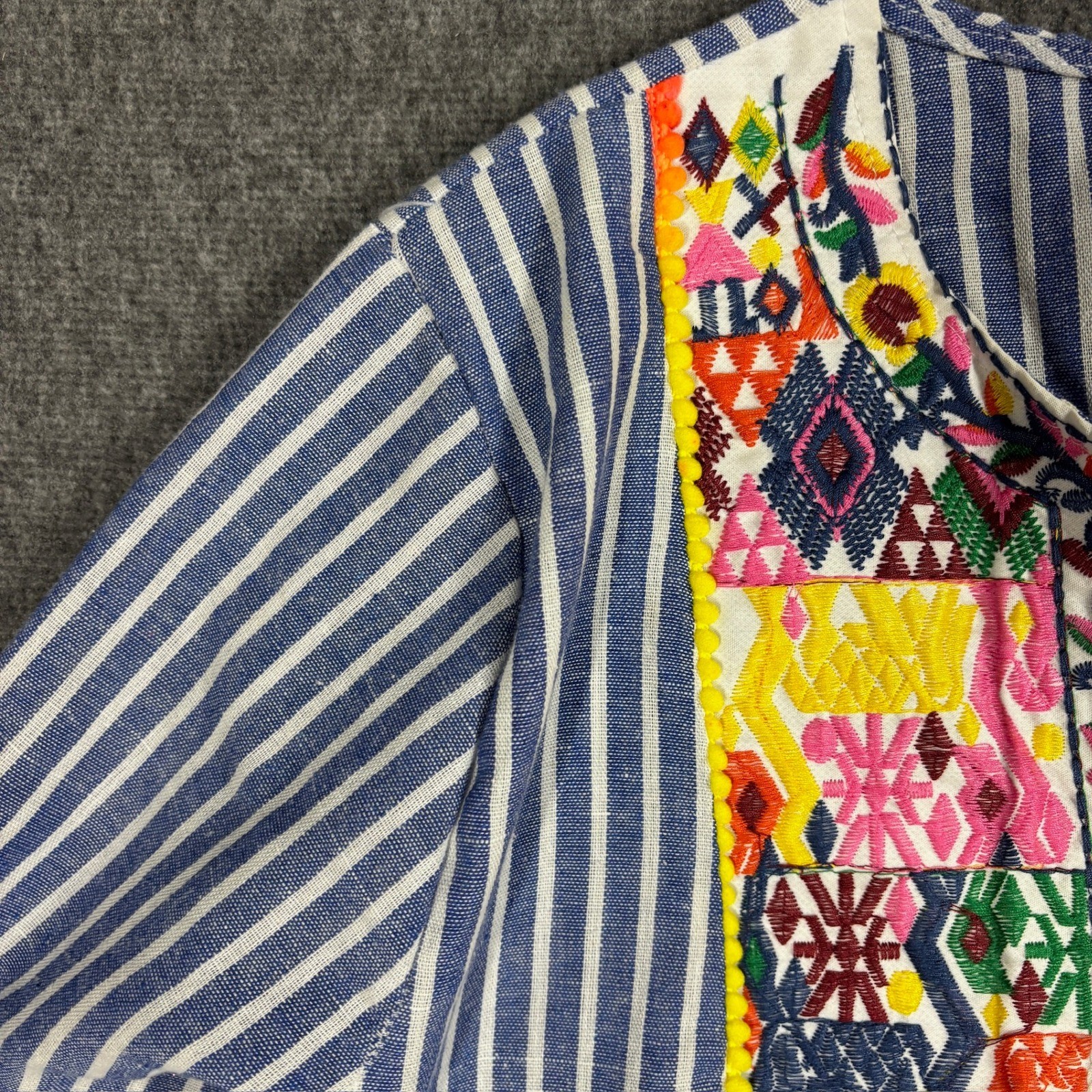 Top It Off Blue White Striped Embroidered Linen Blend Tunic Top XL Boho Tassel