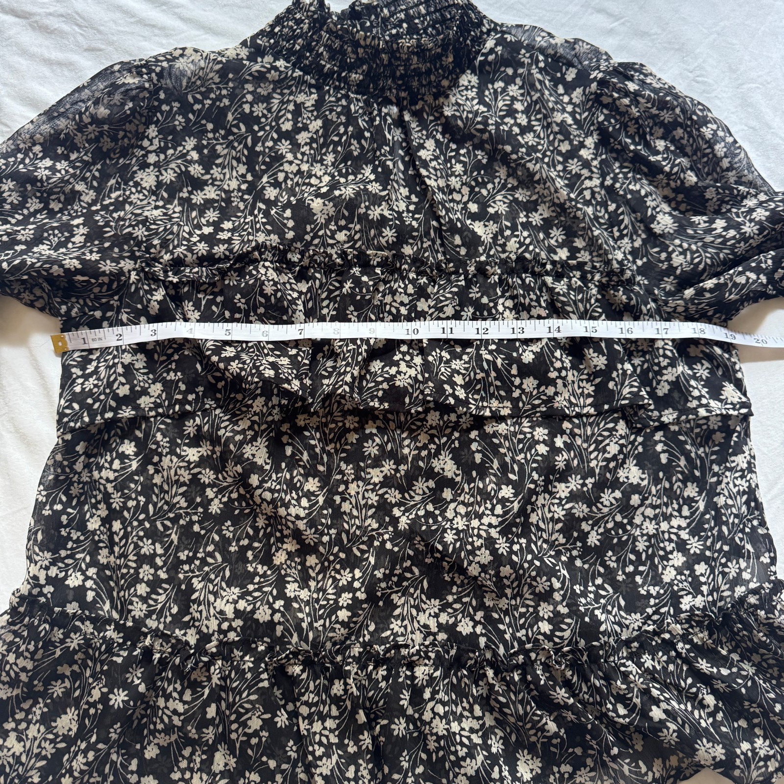 Floral Ruffle Smocked Neck Chiffon Top Black Floral Womens L Boho Fairy Cottage
