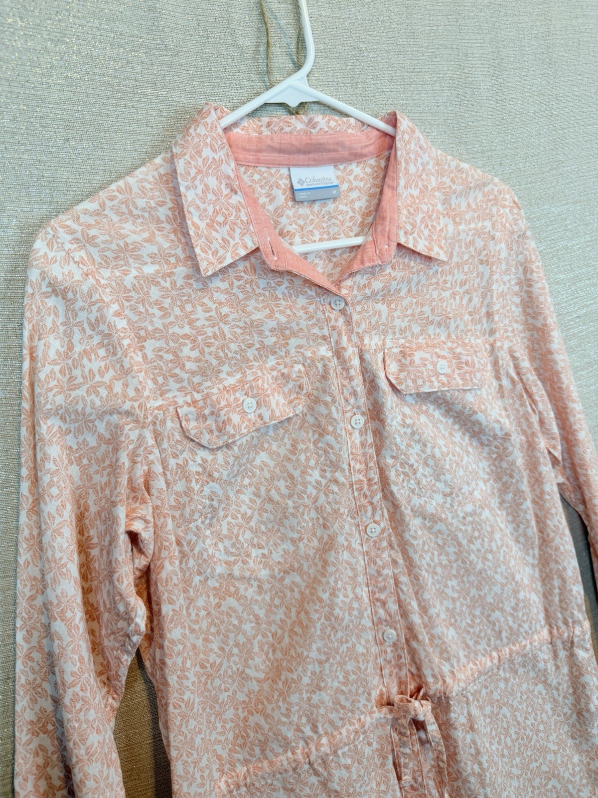 Columbia Button Up Cinch Waist Linen Feel Cotton long Sleeve Shirt Size M
