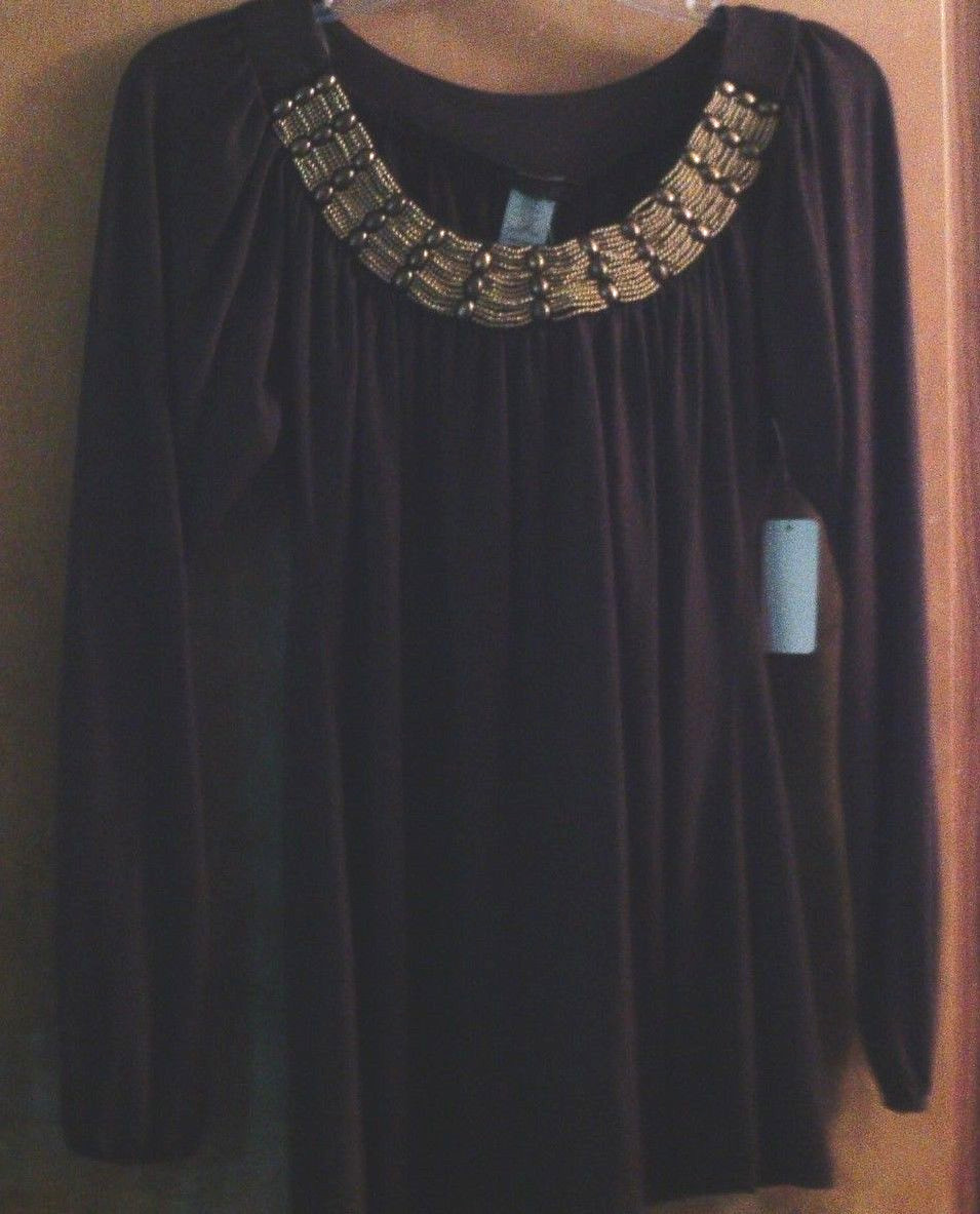 NEW Mon Amie Brown Long Sleeve Top with Lots of Beading at Neck Size Small NWT