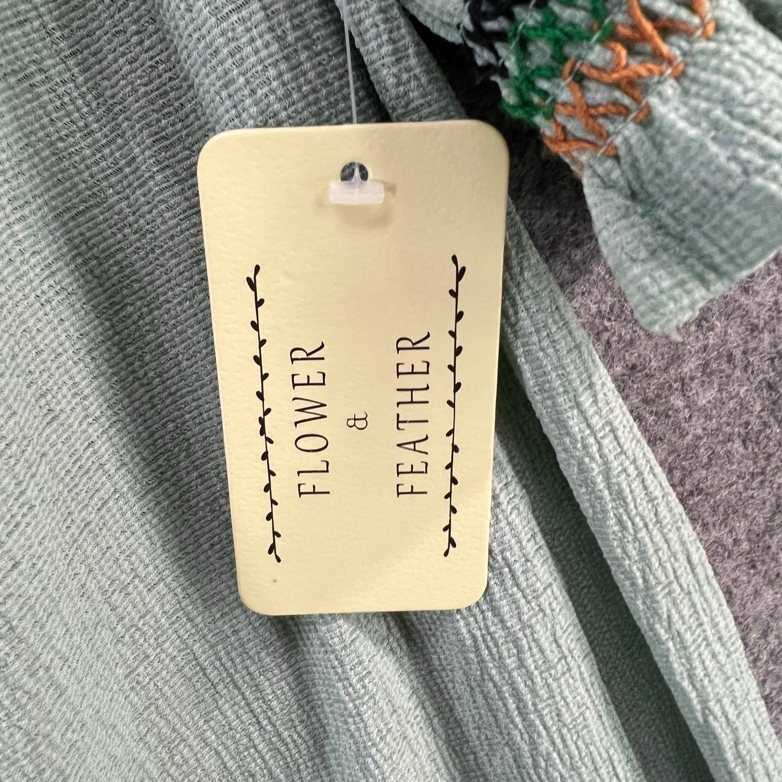 Flower & Feather Off Shoulder Top Women 3XL Light Green Embroidered Peasant Boho
