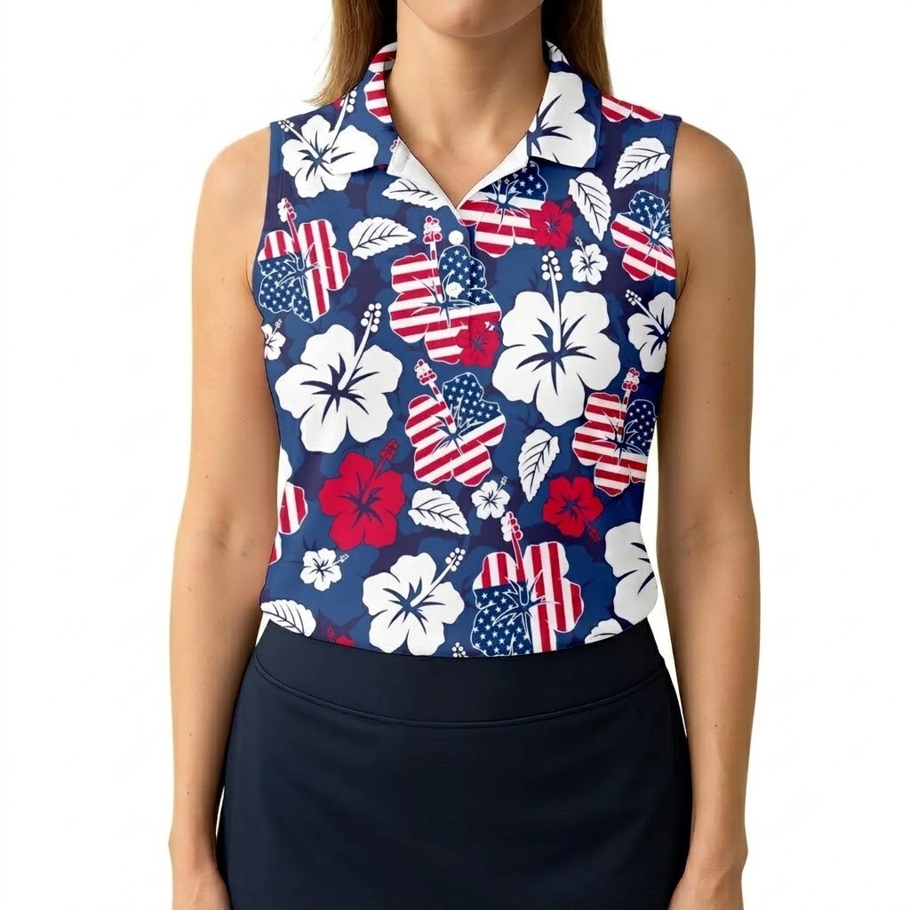 Hibiscus Polo Women Sleeveless Golf Shirt Floral Custom Patriotic Top