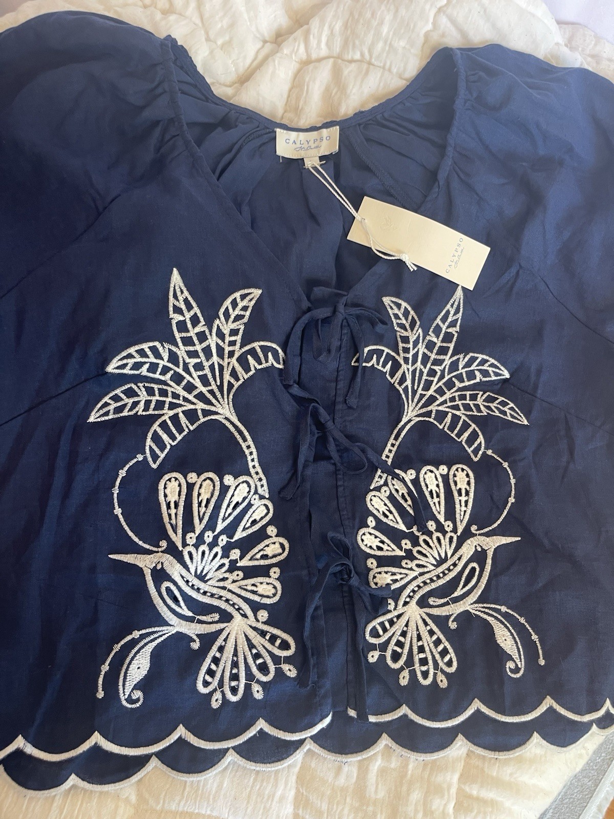 Calypso St Barth Navy Embroidered Linen Blend Top L Puff Sleeve Boho Luxury NWT