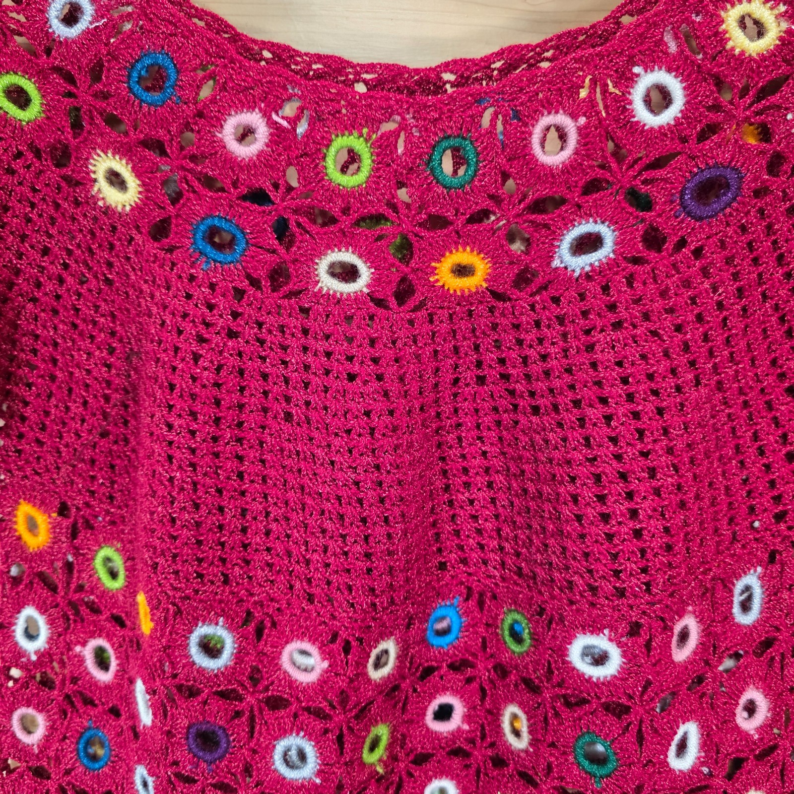 Handmade Crochet Knit Top Openwork Boho Short Sleeve Top Multicolor Floral Ring
