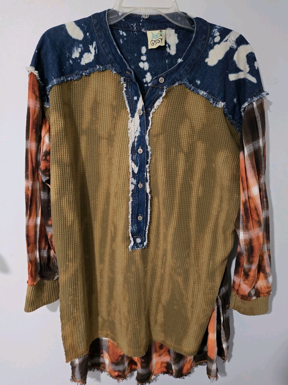 Jaded Gypsy 0/S Mixed Media Waffle Knit Plaid Denim Bleach Wash Tunic Top