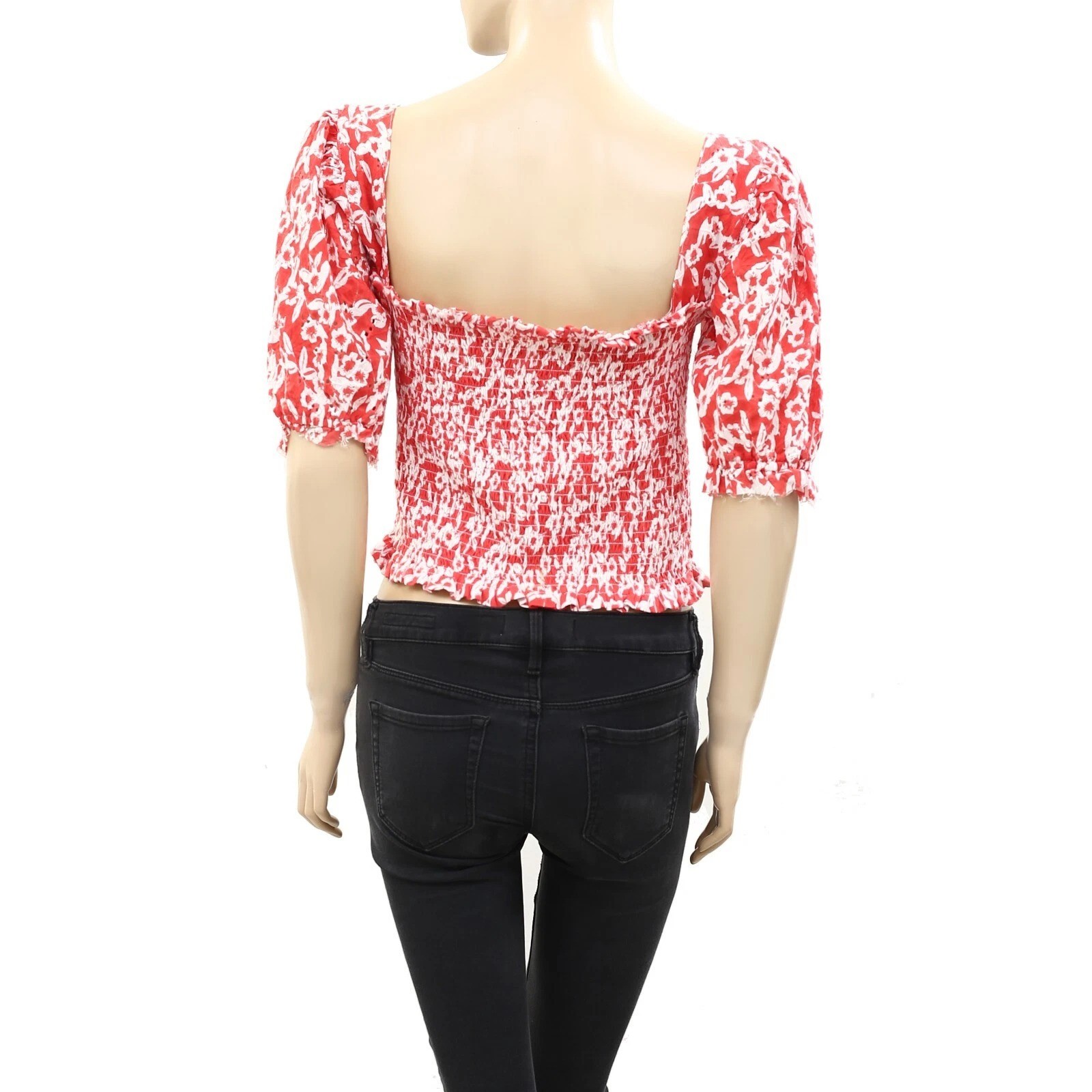 Anthropologie Smocked Eyelet Cropped Blouse Top Floral Embroidered XXS