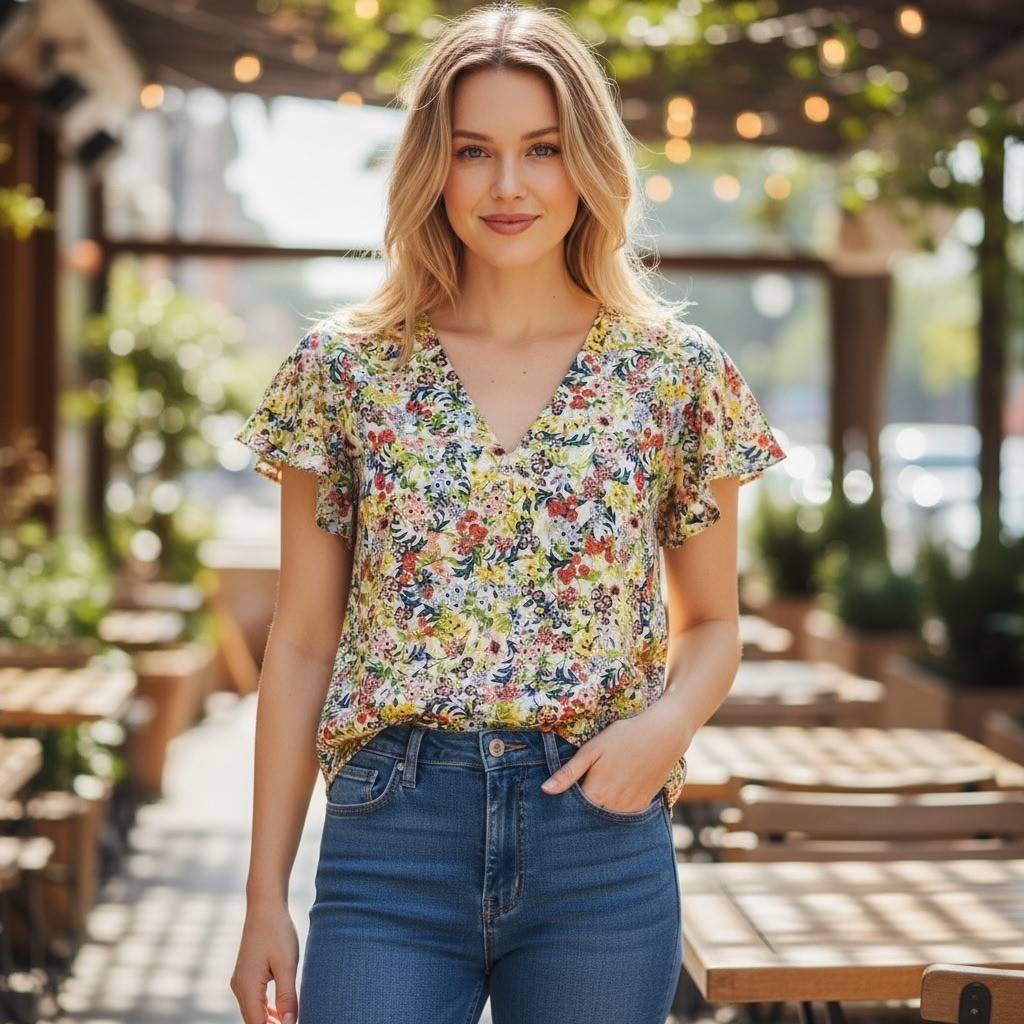 H&M Floral Flutter Sleeve V Neck Blouse Top Garden Feminine Cottage Romantic 4