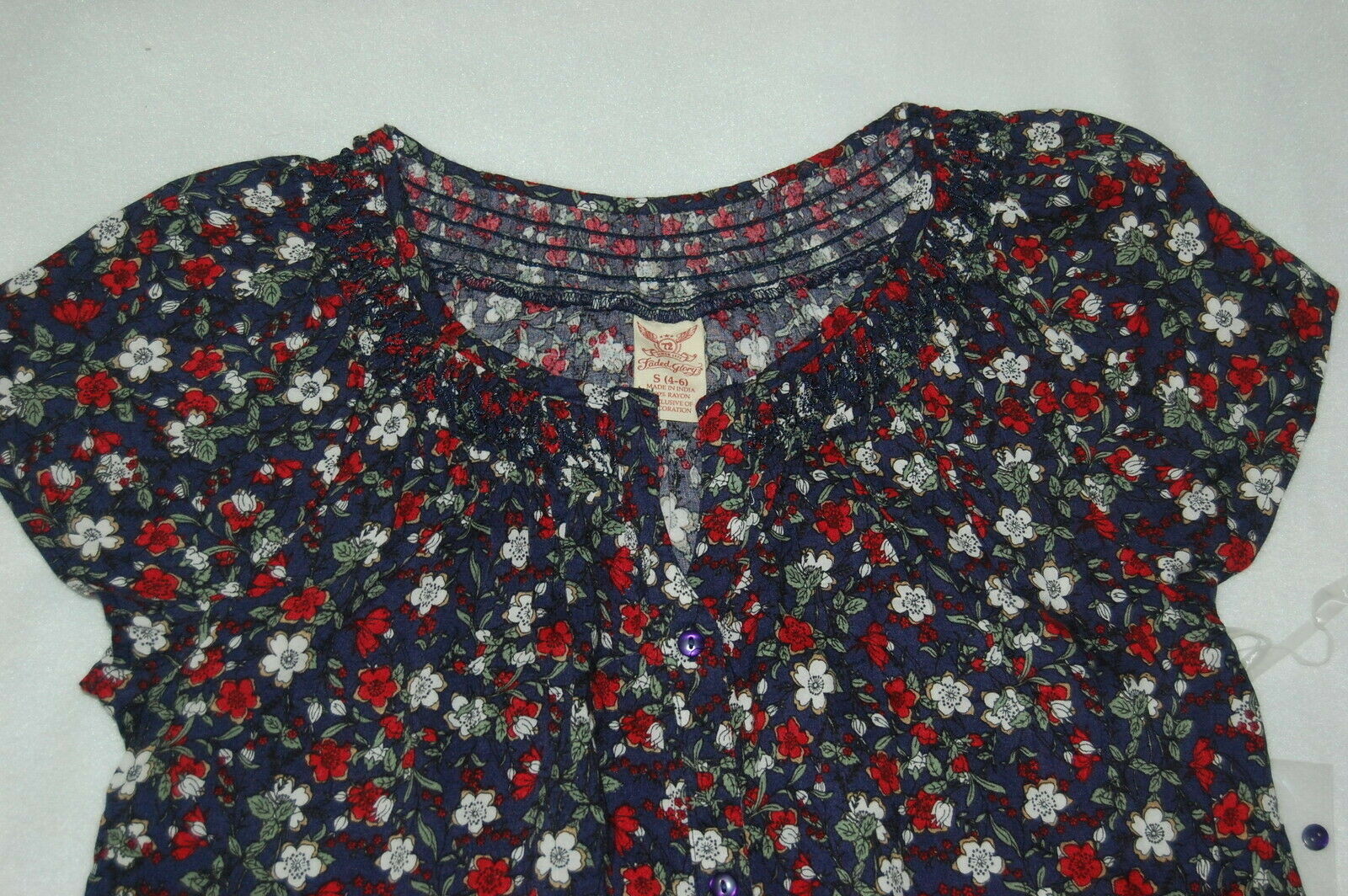 Womens SMOCKED Neck Peasant SHIRT FLORAL Navy Red White S 4-6