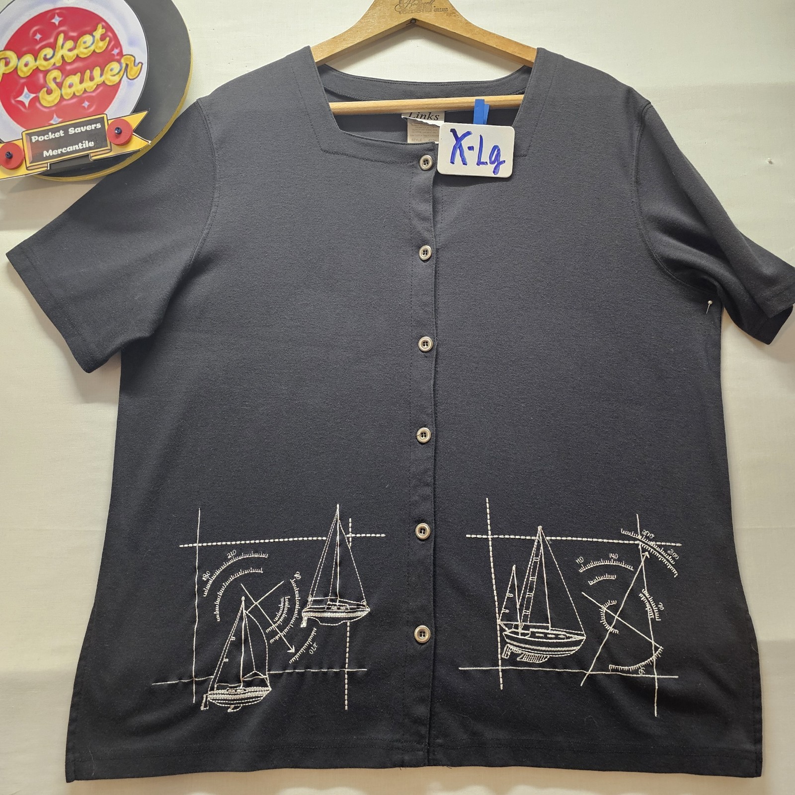 Vintage LINKS Black NAUTICAL Sailing BOAT MARINA Embroidered Button Up Shirt MED