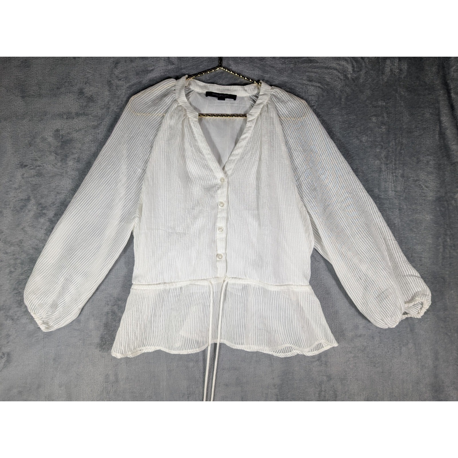 Marc New York Andrew Marc Womens White Sheer Stripe Peplum Blouse Shirt Large