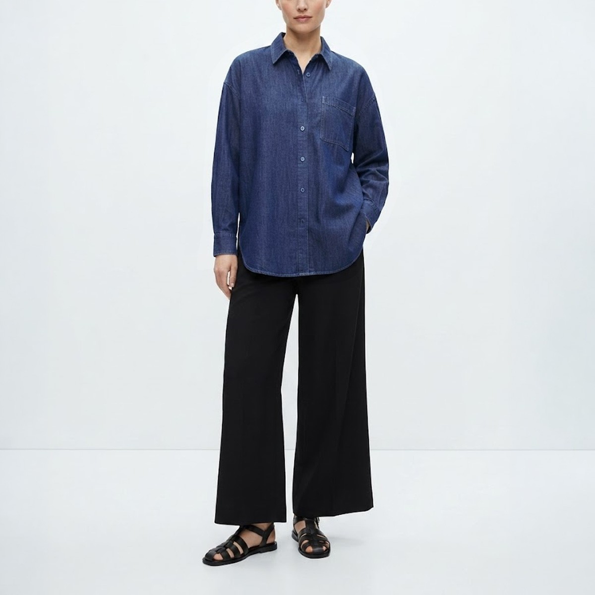 NWT Eileen Fisher Lightweight Organic Cotton Denim Classic Collar Long Shirt
