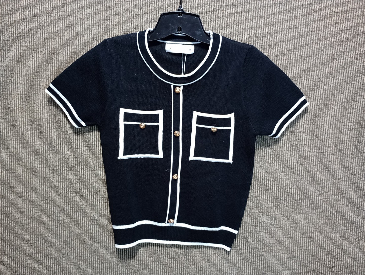 Knit mix contrast trim button detail pocket patched knit top Size M