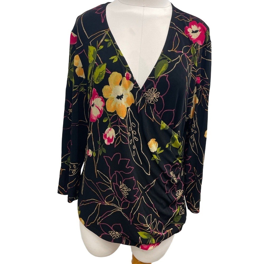 Mirasol Black V-Neck Floral Wrap Blouse 3/4 Sleeve Womens Large