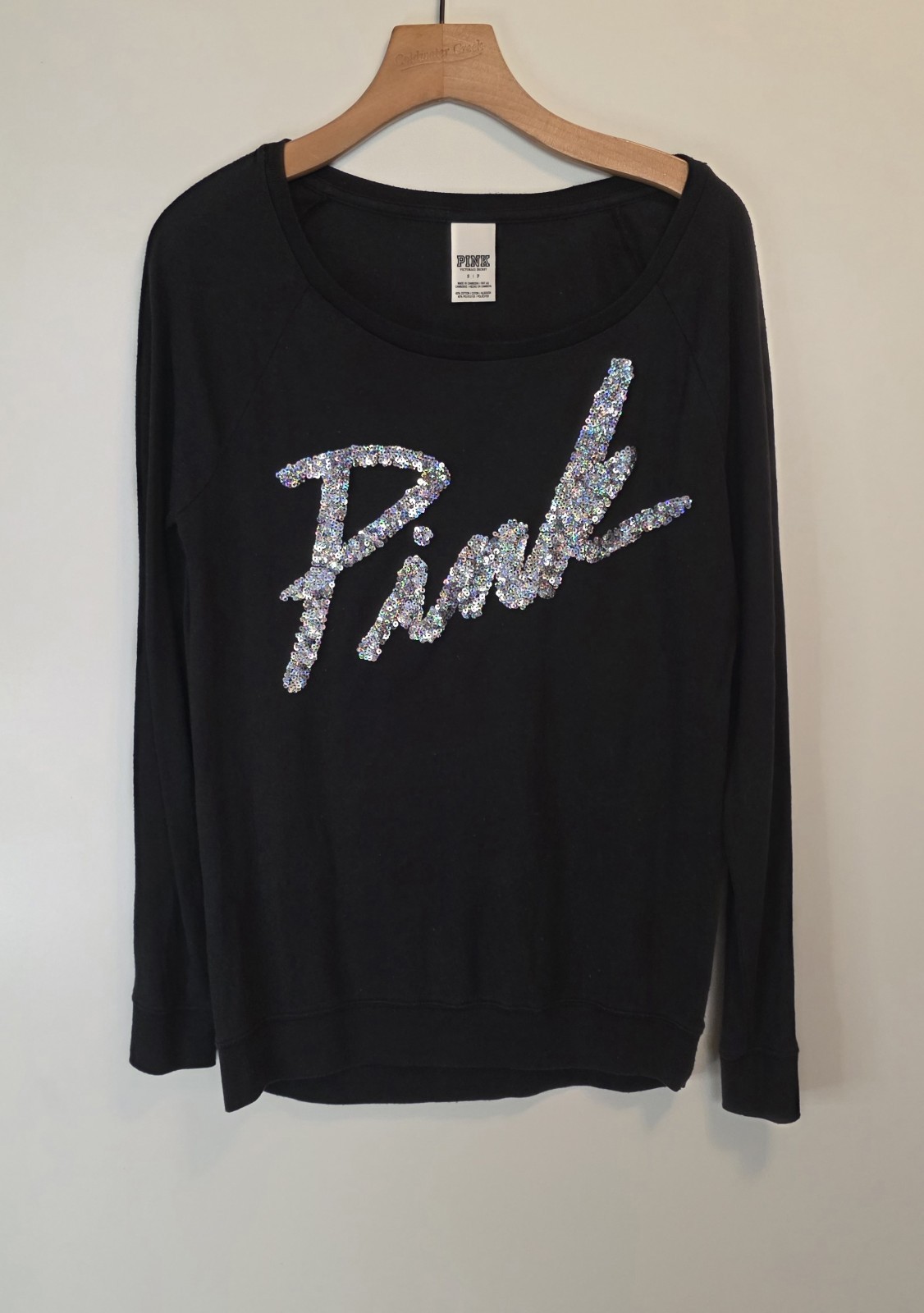 Victoria’s Secret PINK Sequin Logo Long Sleeve Tee Black Crew Neck Womens Small