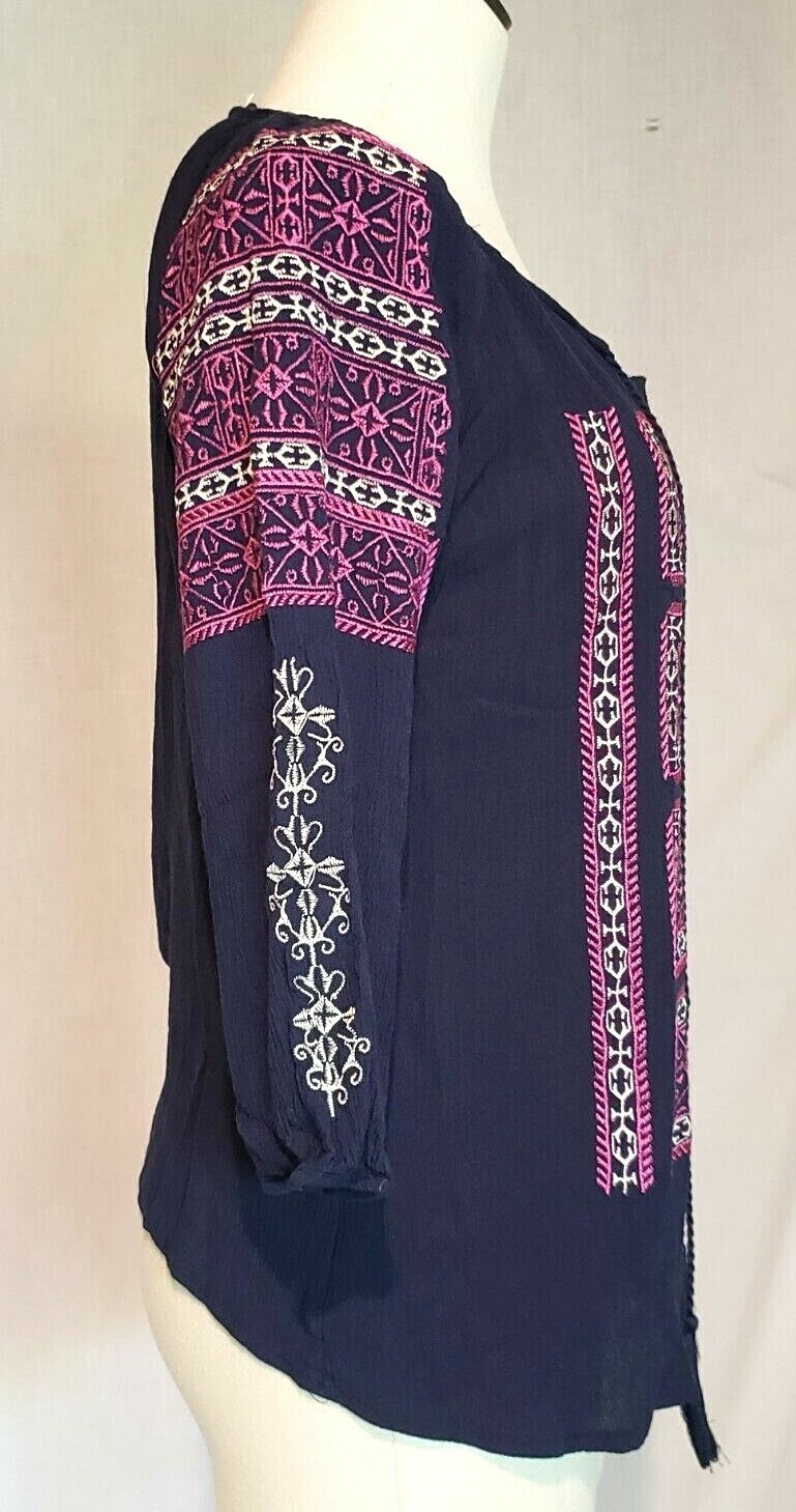 Solitaire Blouse Embroidered 3/4 Sleeve Tassels Hippie Boho Peasant Gypsy size S