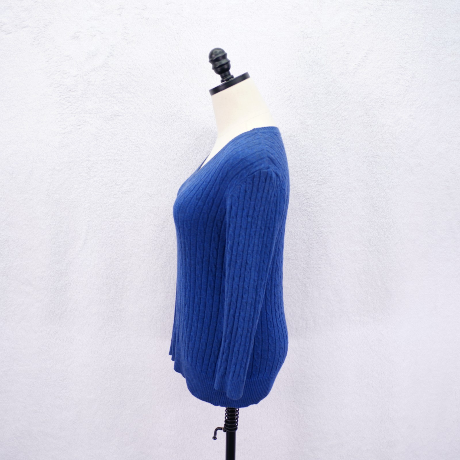 Laura Scott Blue Petite Small Ribbed Cotton Acrylic Knit V-Neck Sweater