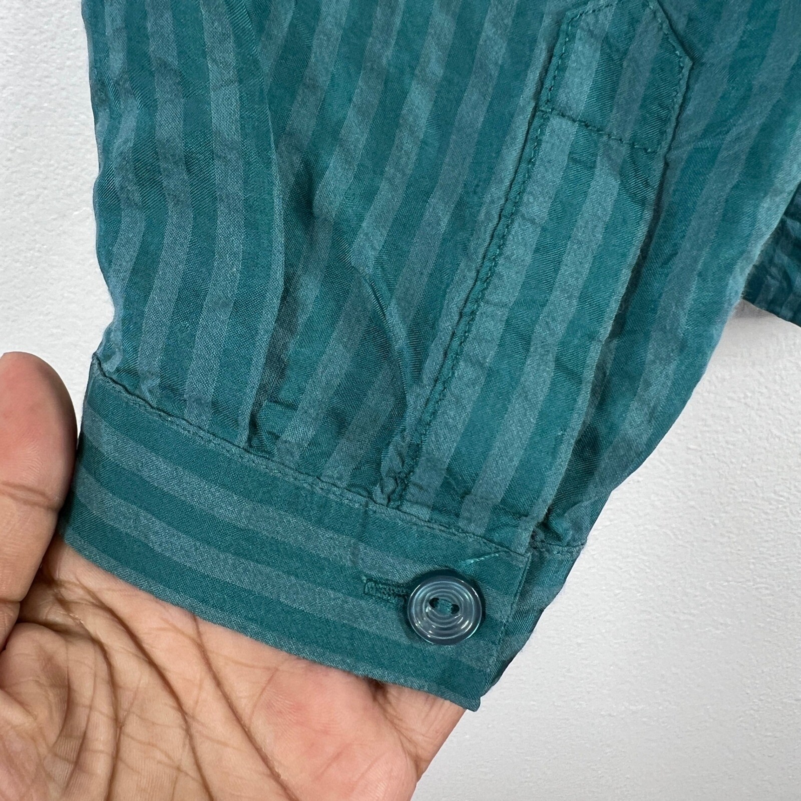 Jacqueline Riu Blouse Striped Button Down Long Sleeve Teal Green Medium
