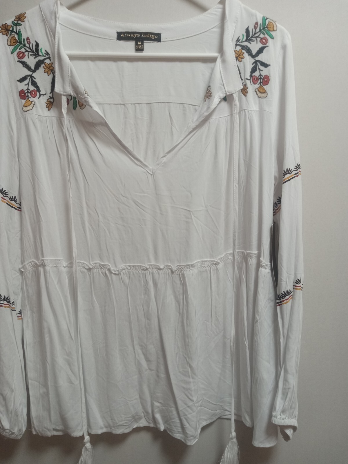 Always Indigo Blouse Womens Size Medium White w/ Floral Embroidery Boho NWT
