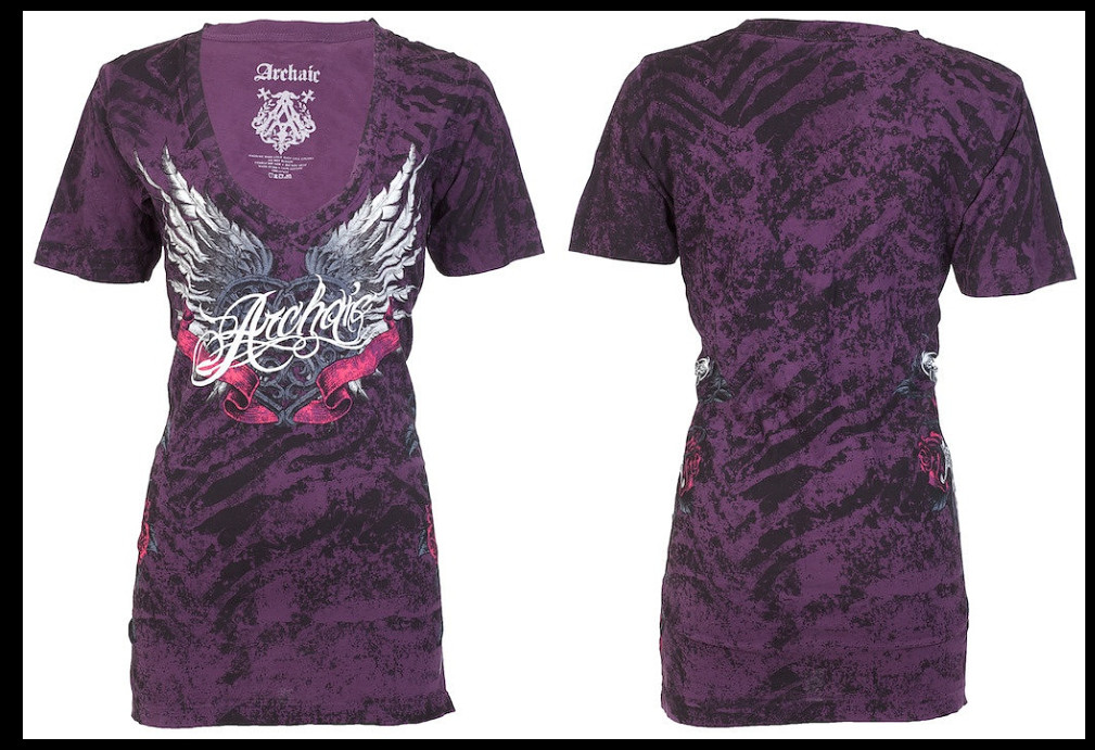ARCHAIC by AFFLICTION Purple BIG LOVE Sinful Womens Short Sleeve T-shirt NWT