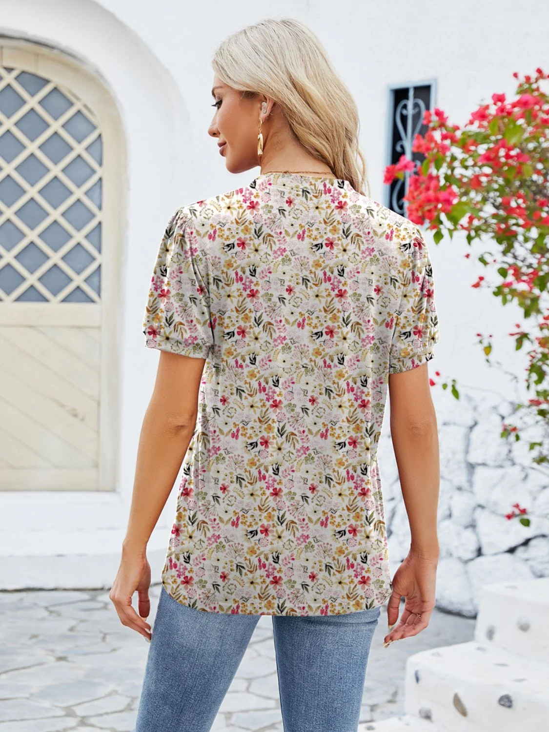 Women Ruched Printed Notched Short Sleeve Blouse