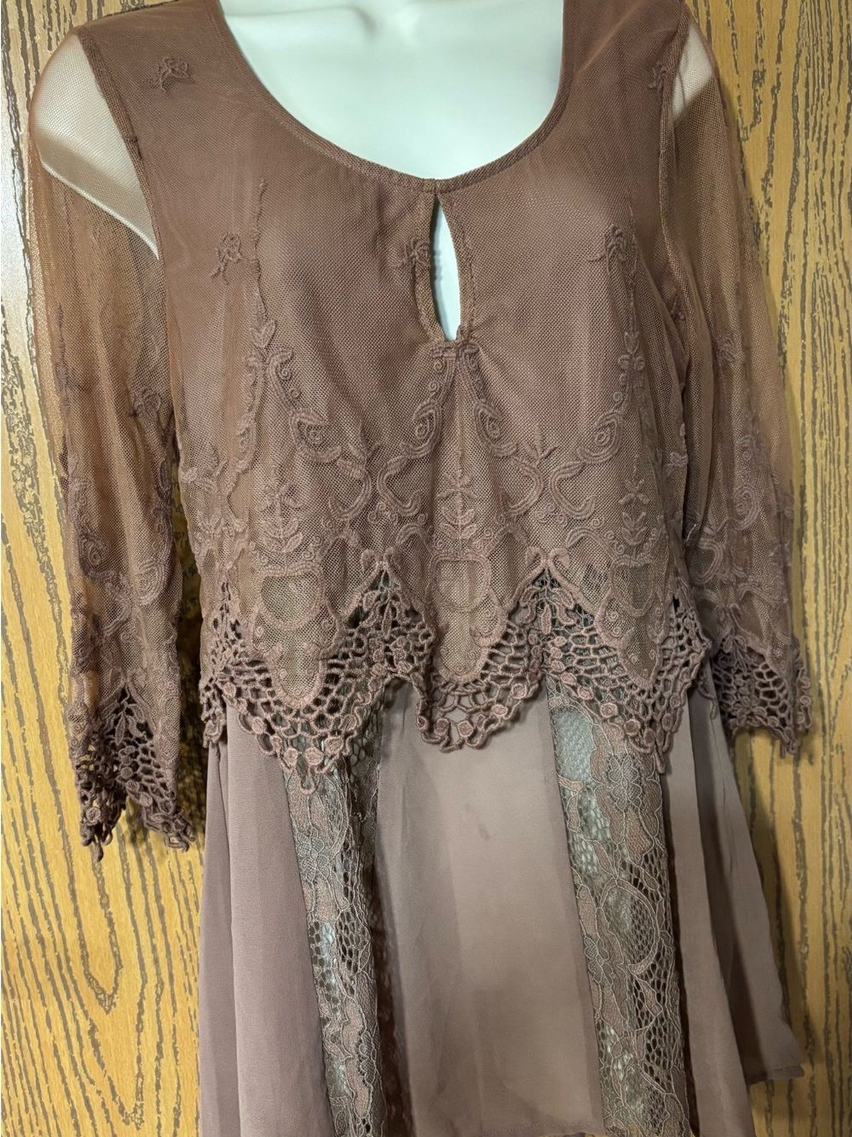 BKE Embroidered Lace Overlay Brown Blouse