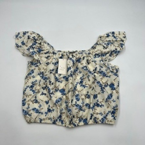 A New Day Blue Floral Flutter Sleeve Bubble Hem Blouse Square Neck Medium NWT