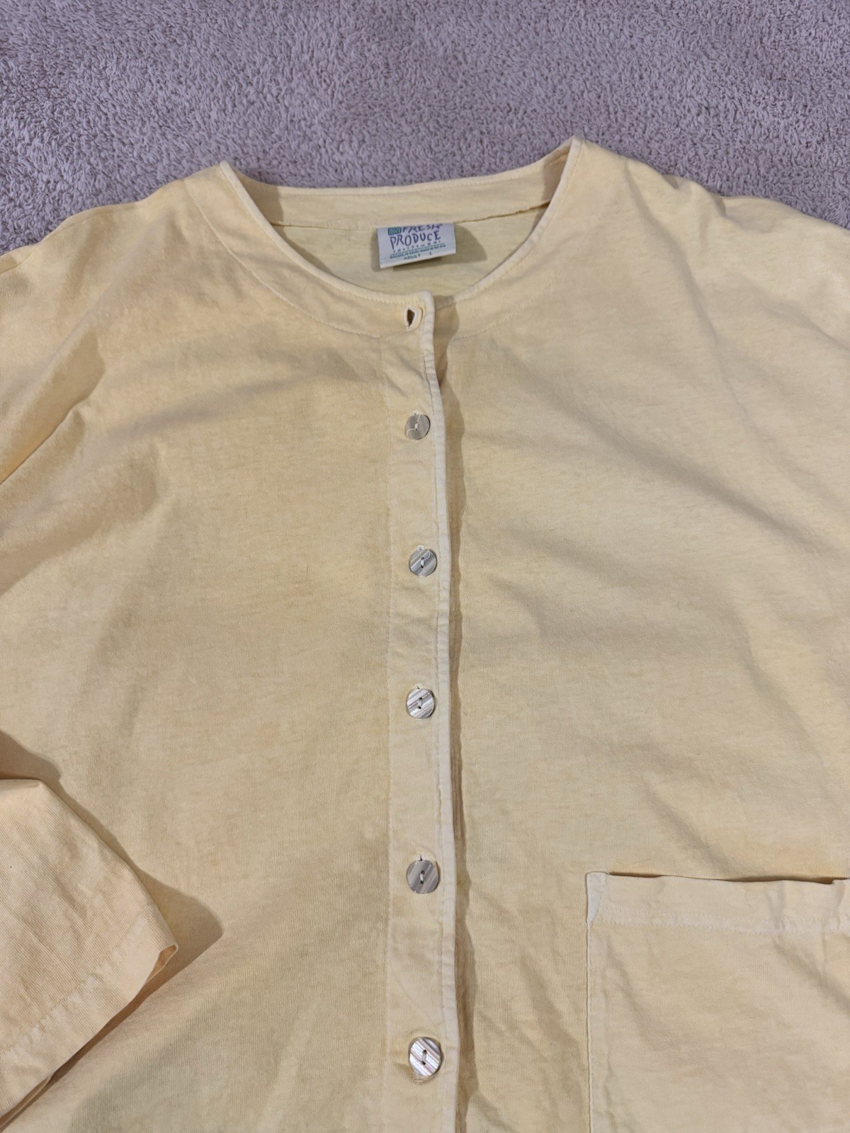 VTG Fresh Produce Butter Yellow 100% Cotton Cardigan L Made in USA Cottagecore