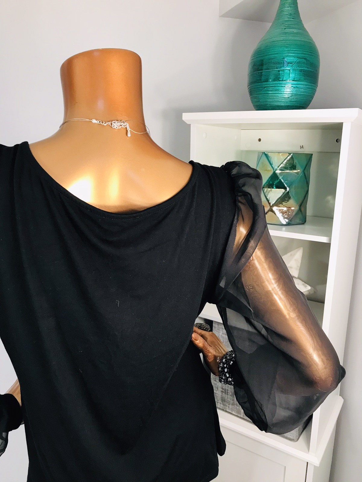 ELOQUII 14/16 or L Top Stretch Black NWT Long Sheer Sleeves Blouse Square Neck