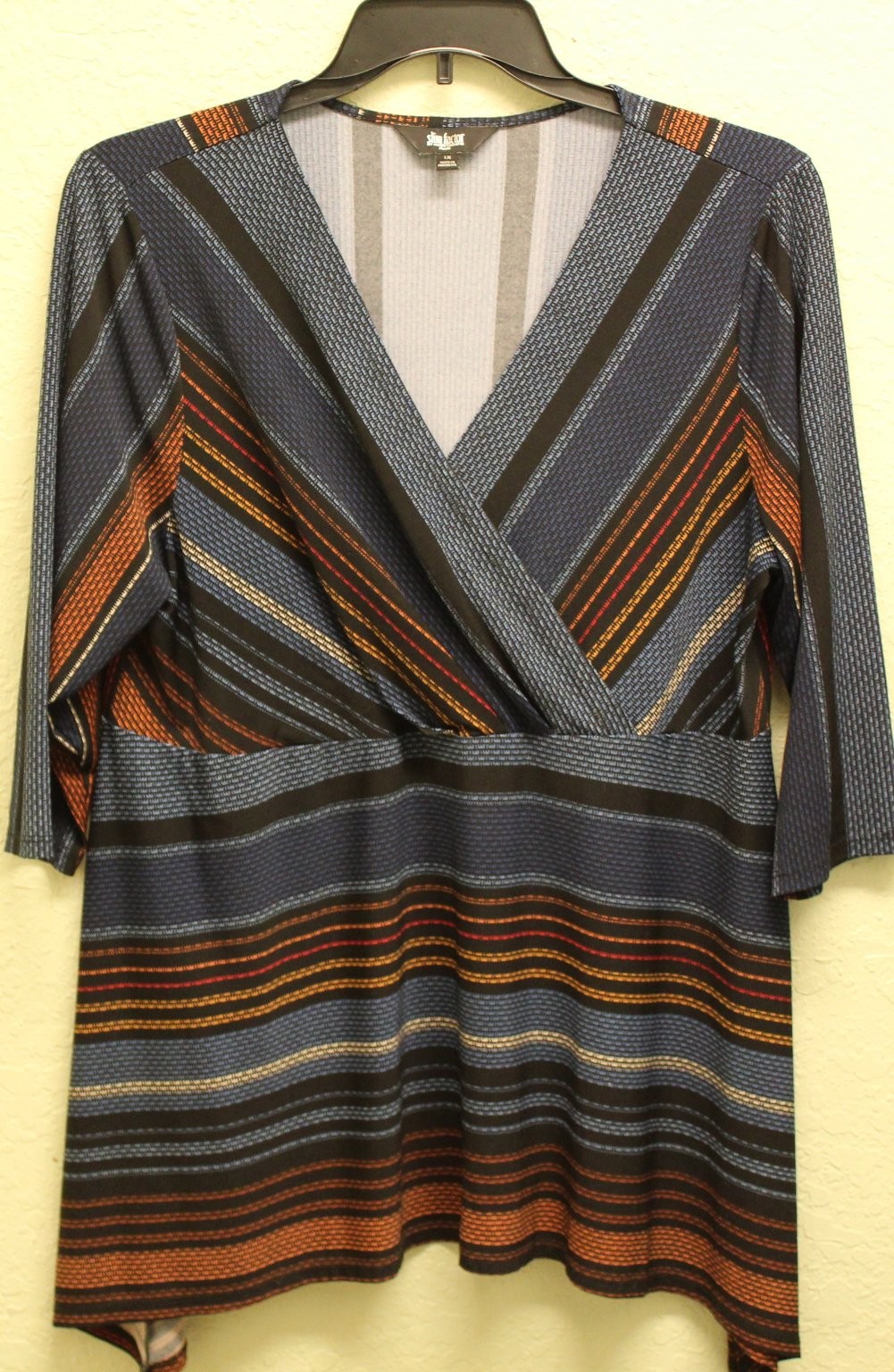 Slim Factor Women’s Top Plus Size 1X Blue Black Orange Striped