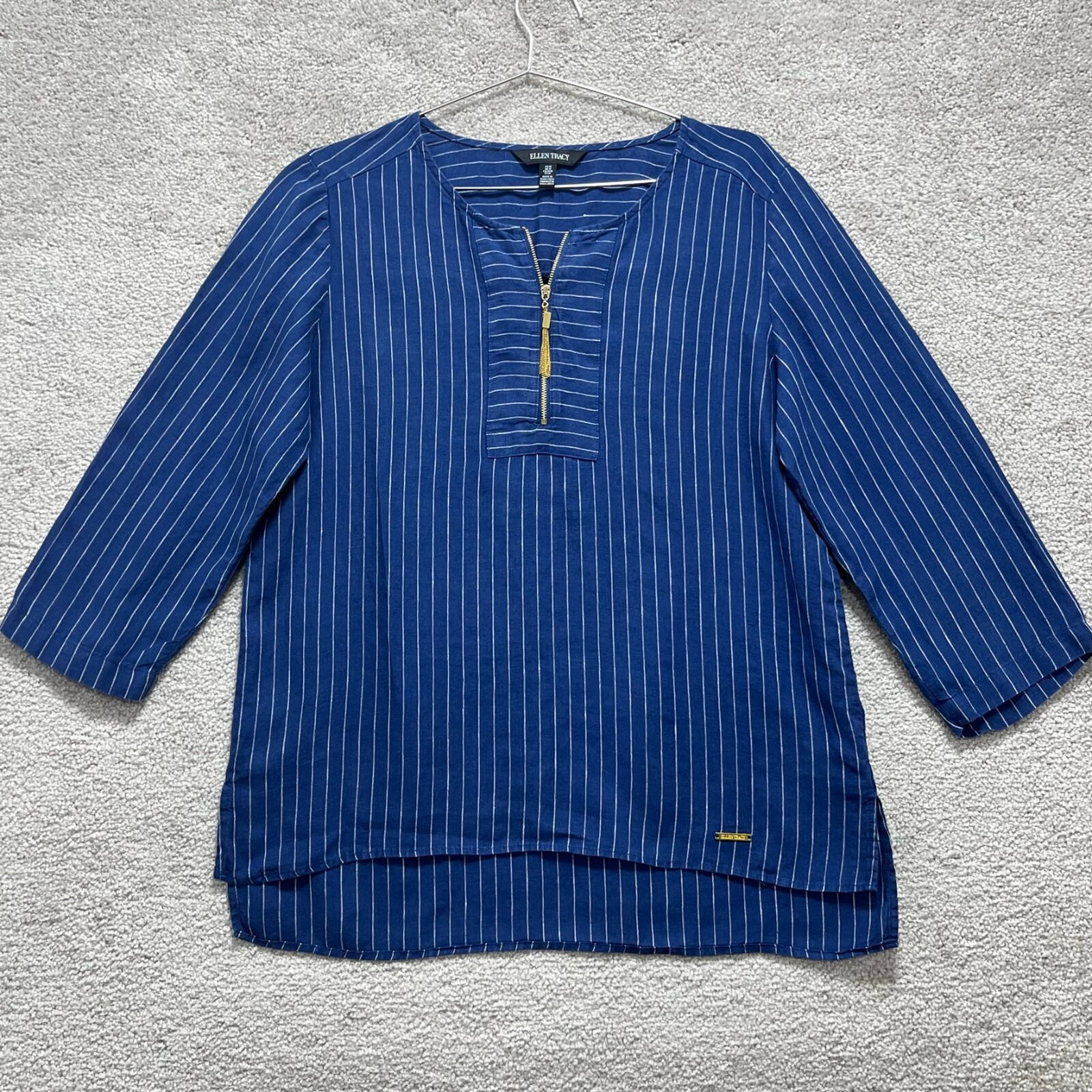 Ellen Tracy Top Women’s Medium Linen Blue Striped 3/4 Sleeve Quarter Zip