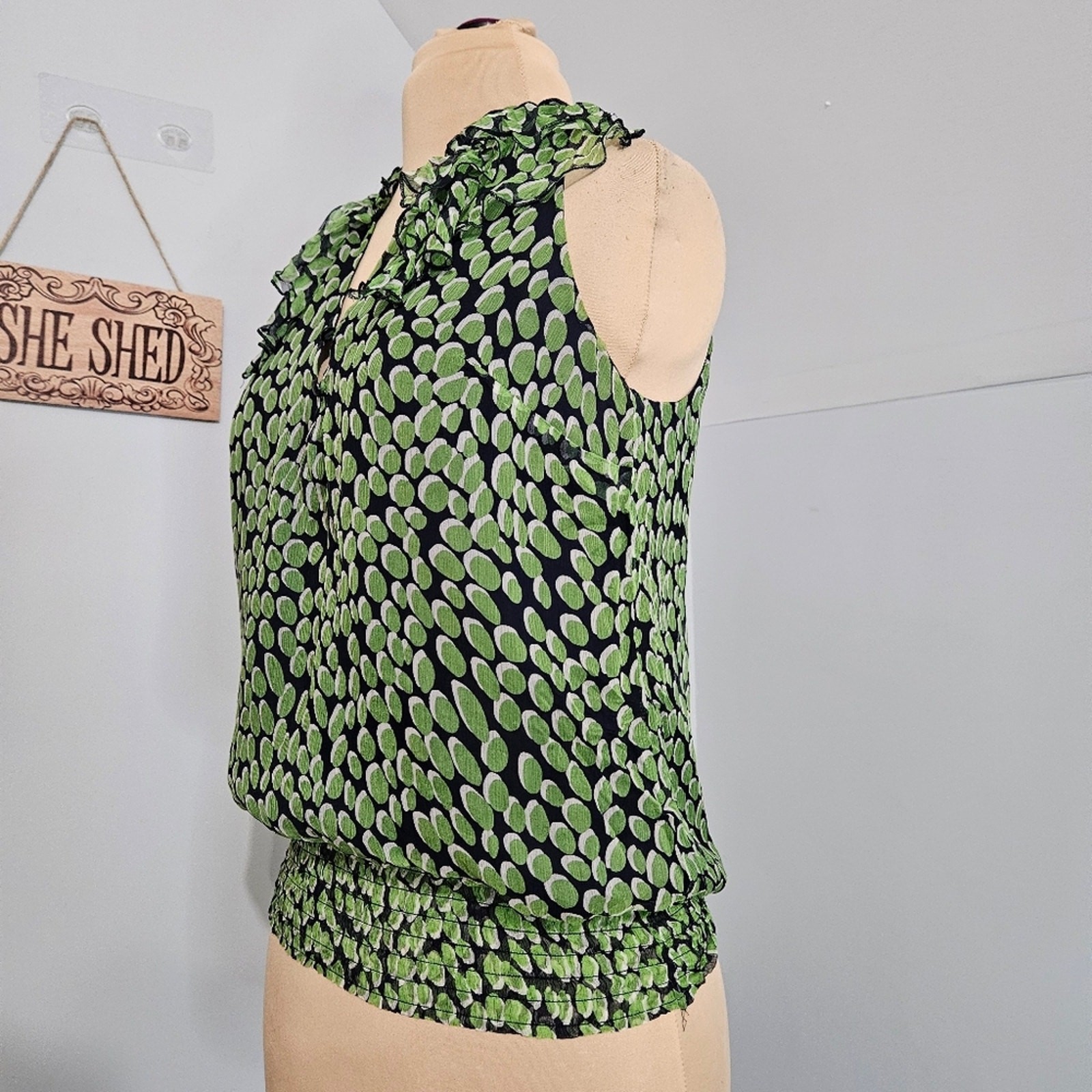 Elena Solano Top 100% Silk Womens Medium Green Blue Ruffled Sleeve Smocked Waist