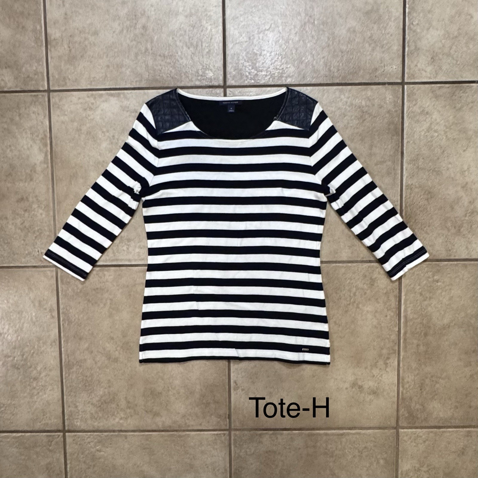 Womens Tommy Hilfiger Gray & Black Striped Boat Neck Shirt 100% Cotton Medium