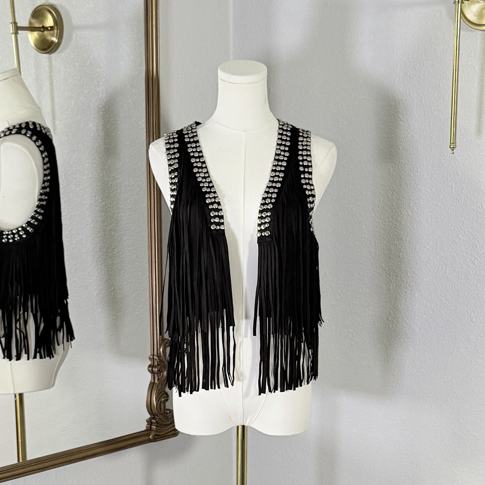 Bebe P/S Black Fringe Studded Vest Y2K Bachelorette Party Night Out Festival