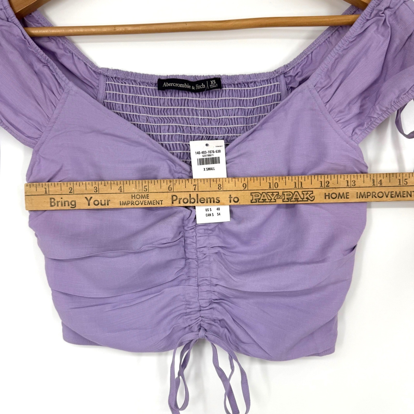 NEW Abercrombie & Fitch Women XS Crop Top Purple Smocked Ruched Milkmaid Prairie