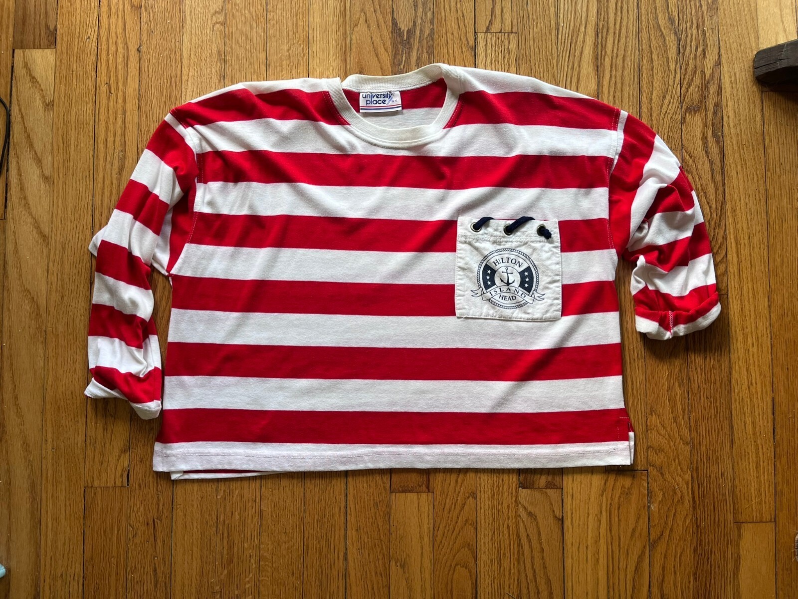 Vintage University Place Red and White Striped Shirt with Hilton Island Head