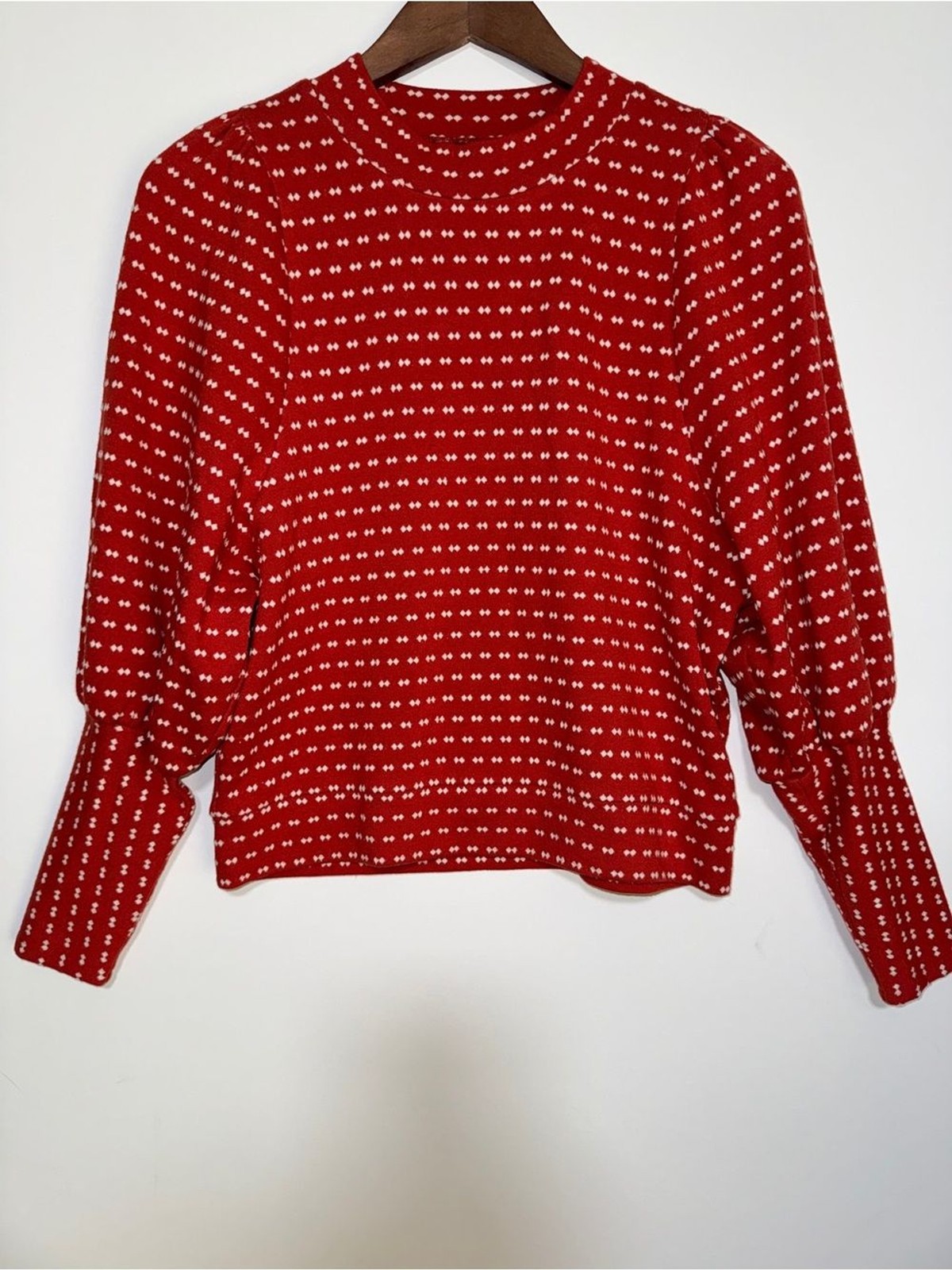 Madewell Women’s Small Puff-Sleeve Mockneck Top in Bow-Tie Jacquard Red-Orange