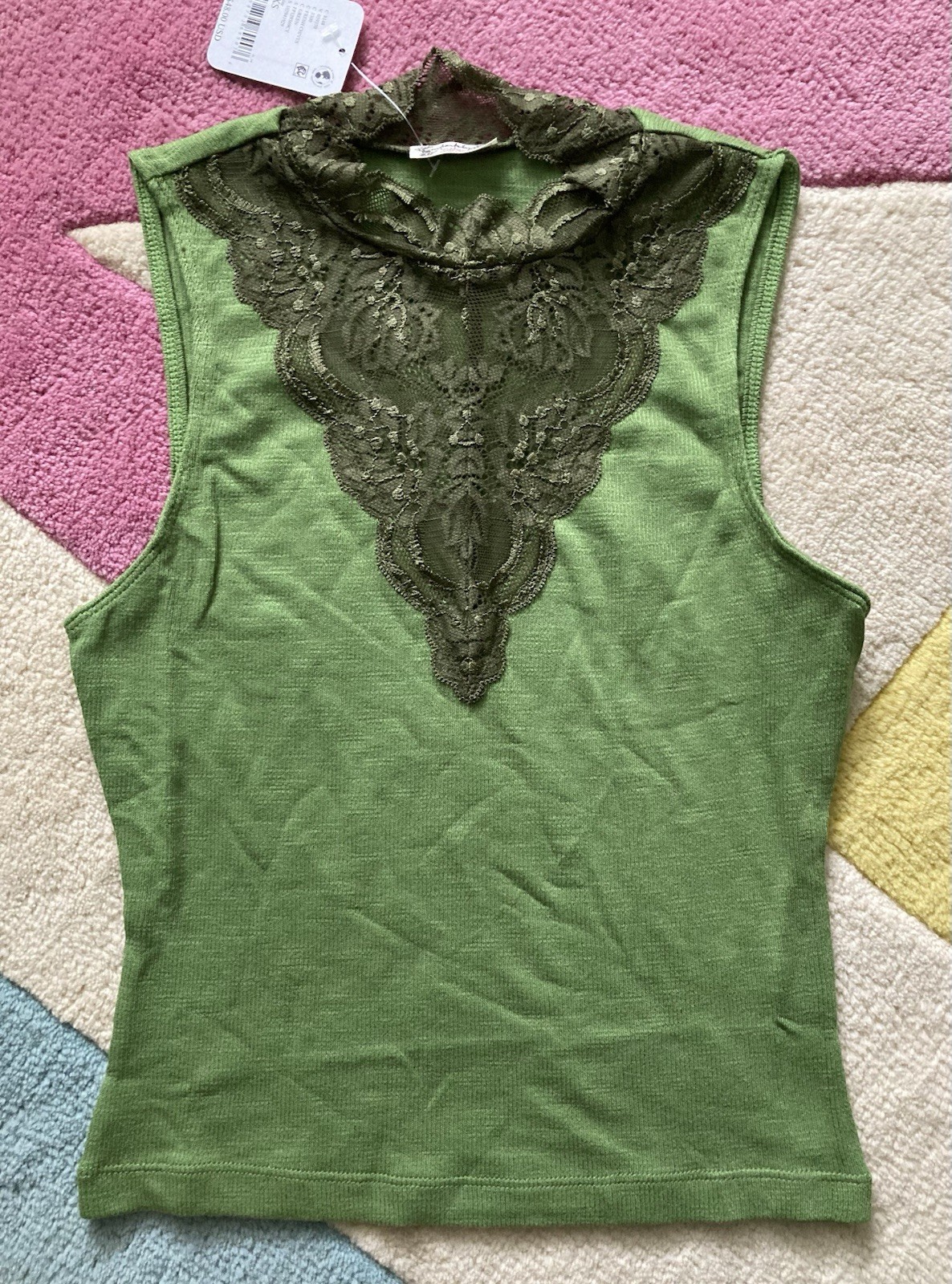 NEW Free People Maybe Baby Green Lace Mockneck Sleeveless Cropped Cami Tank XS
