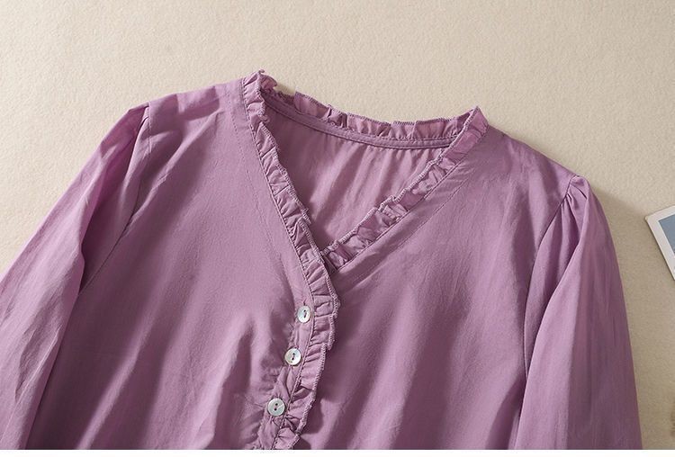 Women’s New Spring Loose V-Neck Wrinkled Sexy Shirt Long-Sleeved Comfortable Top