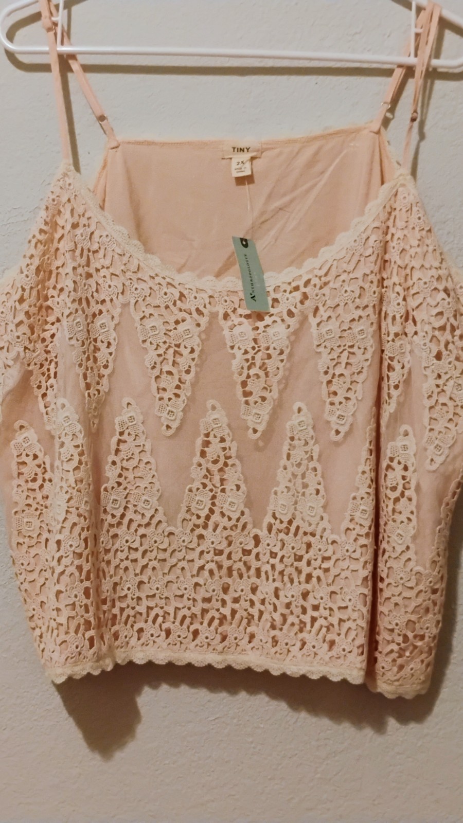 NEW Anthropologie Tiny Anne Lace Overlay Cami Top in Peach Pink Size 2X