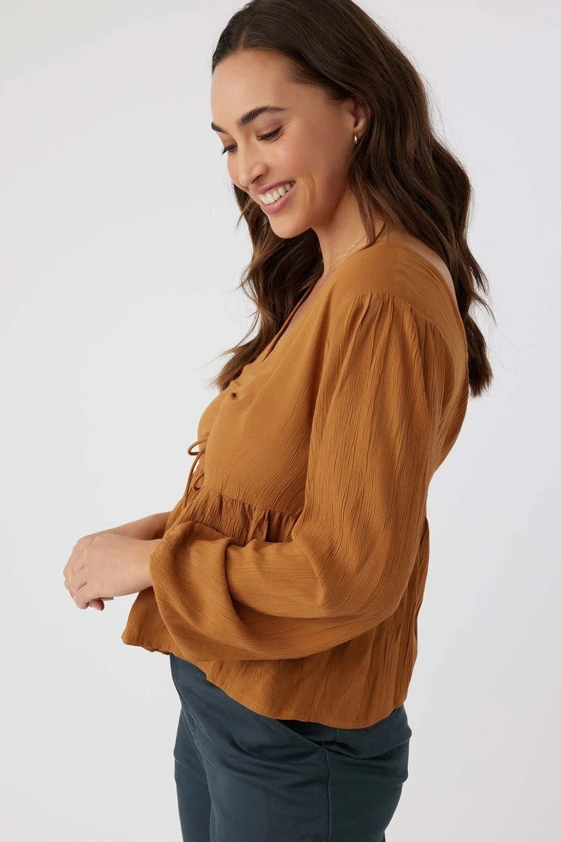 O’NEILL Carlotta Top Sz M Caramel Brown Front Tie Balloon Sleeve VNeck Viscose