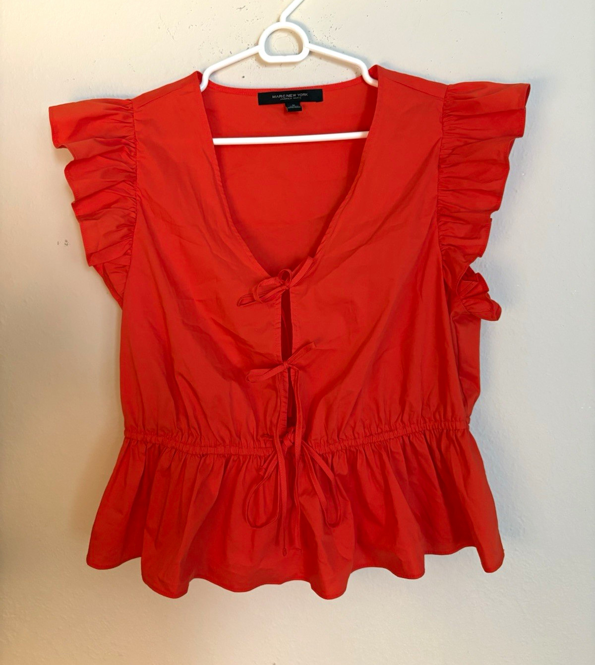 Marc New York Andrew Marc Women’s M Orange Solid V-Neck Tie-Front Peplum Blouse