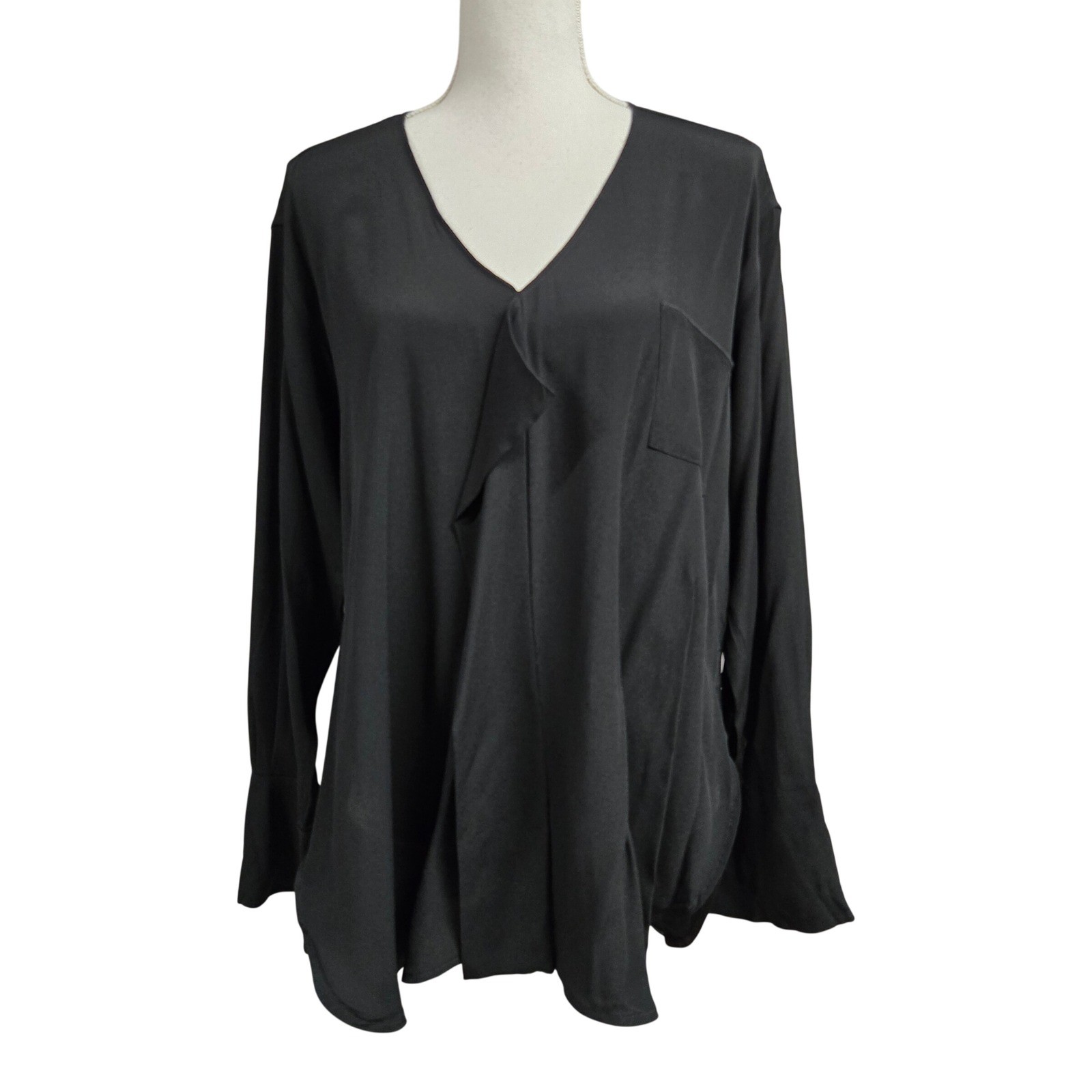 Seventy Venezia Italy Silk Blend V-Neck Draped Blouse Top Black Size 48 /US XL