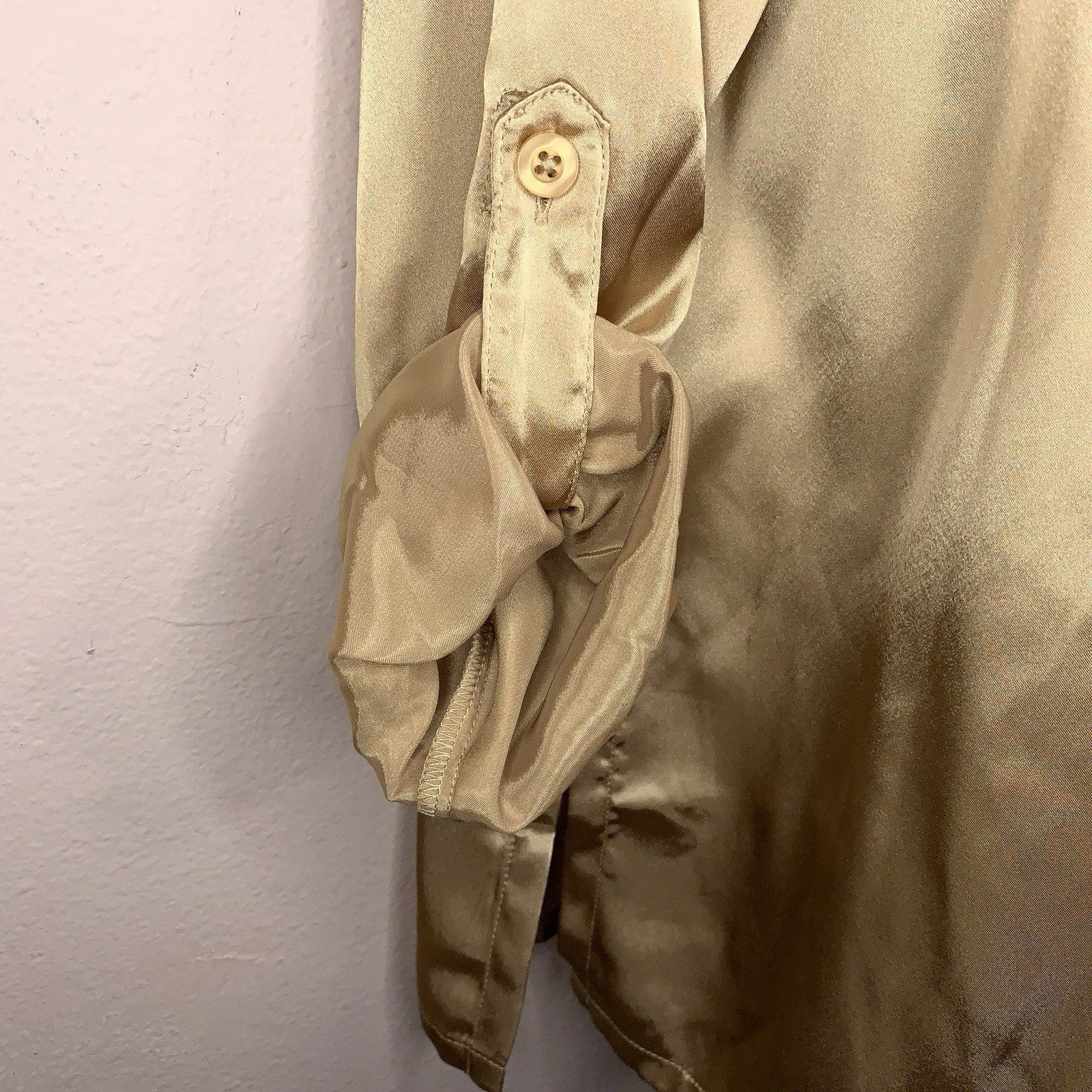 Vintage 90s Era Requirements Gold Satin Roll Tab Blouse Top Tunic Length