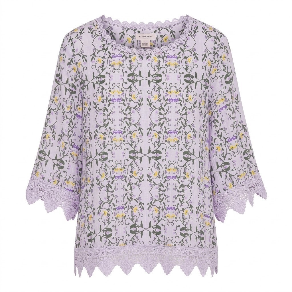 NEW Allison Daley Woman 3X Purple Floral 3/4 Sleeve Lace Cottagecore Blouse Top