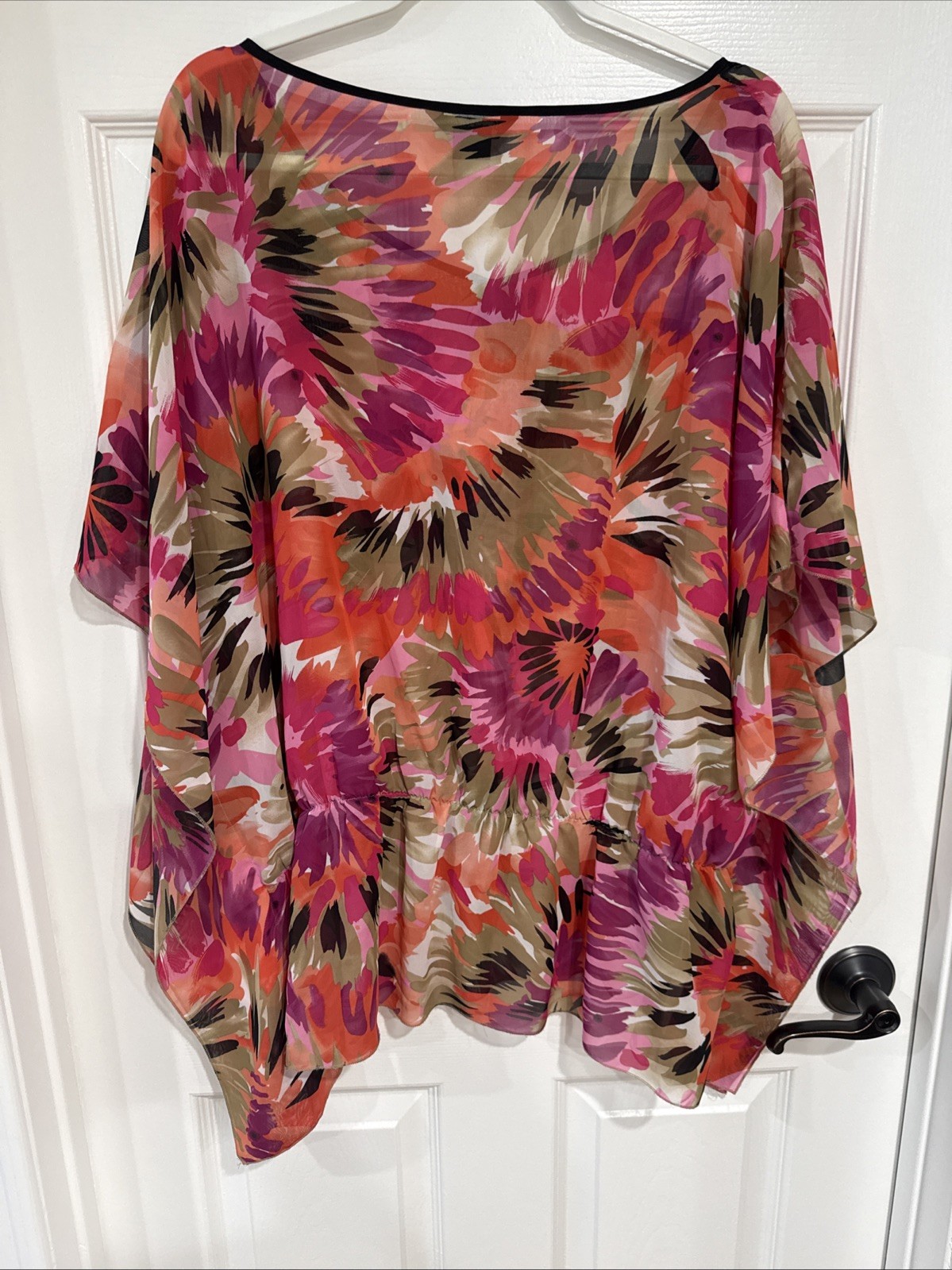 Sunny Taylor Woman 1X Short Sleeve Poncho Blouse Orange Multi Floral Sheer -NOTE