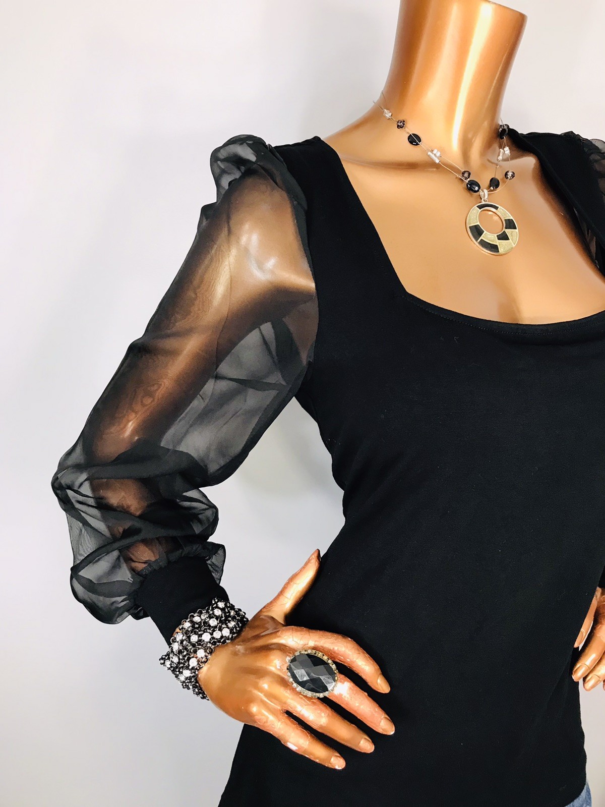 ELOQUII 14/16 or L Top Stretch Black NWT Long Sheer Sleeves Blouse Square Neck